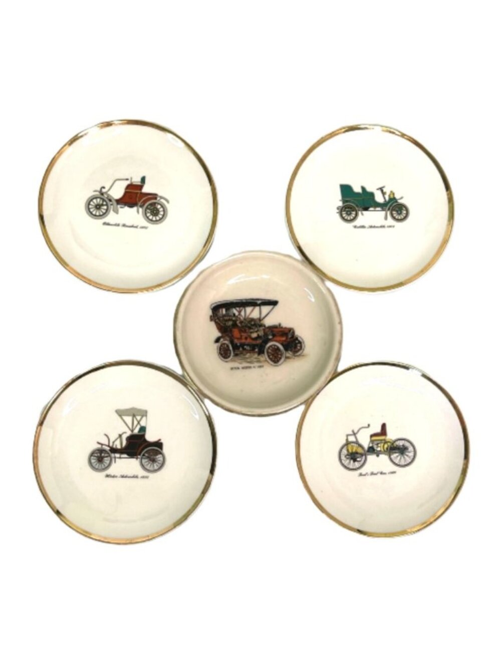 Vintage Porcelain Antique Car Coaster Plate Set Trinket Dish Gold Rim 4.75"